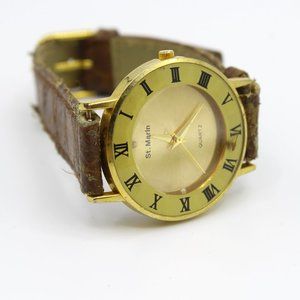 Vintage ST. Martin Men's Retro Gold Tone Quartz Wrist Watch Brown Leather Strap